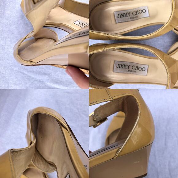 Jimmy Choo Shoes Tan Patent Leather T Strap Wedge Sandal Made in Italy Flawed 39 - Picture 13 of 14